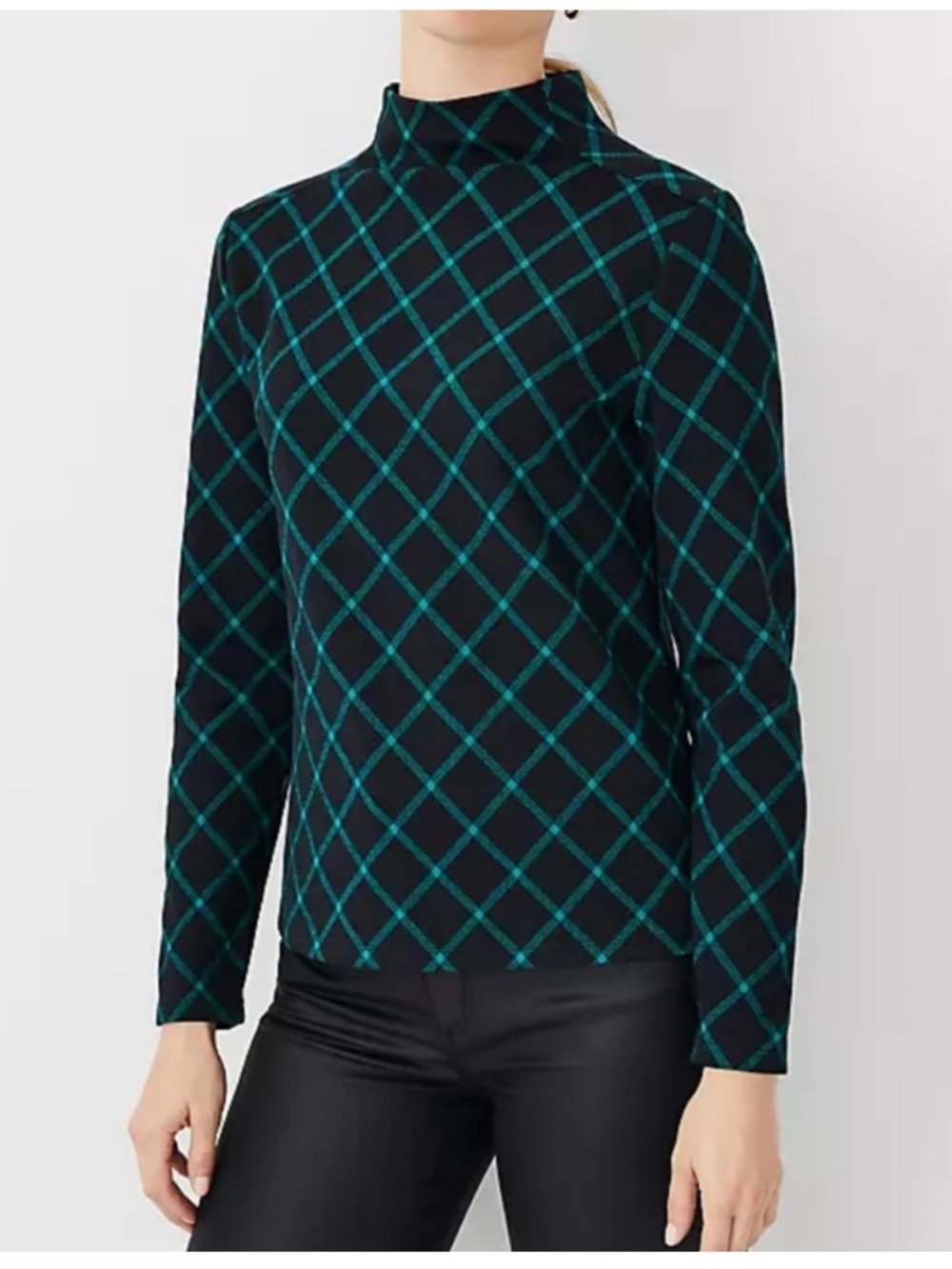 Ann Taylor Windowpane Funnel Neck Long Sleeve Top Size XSP Green